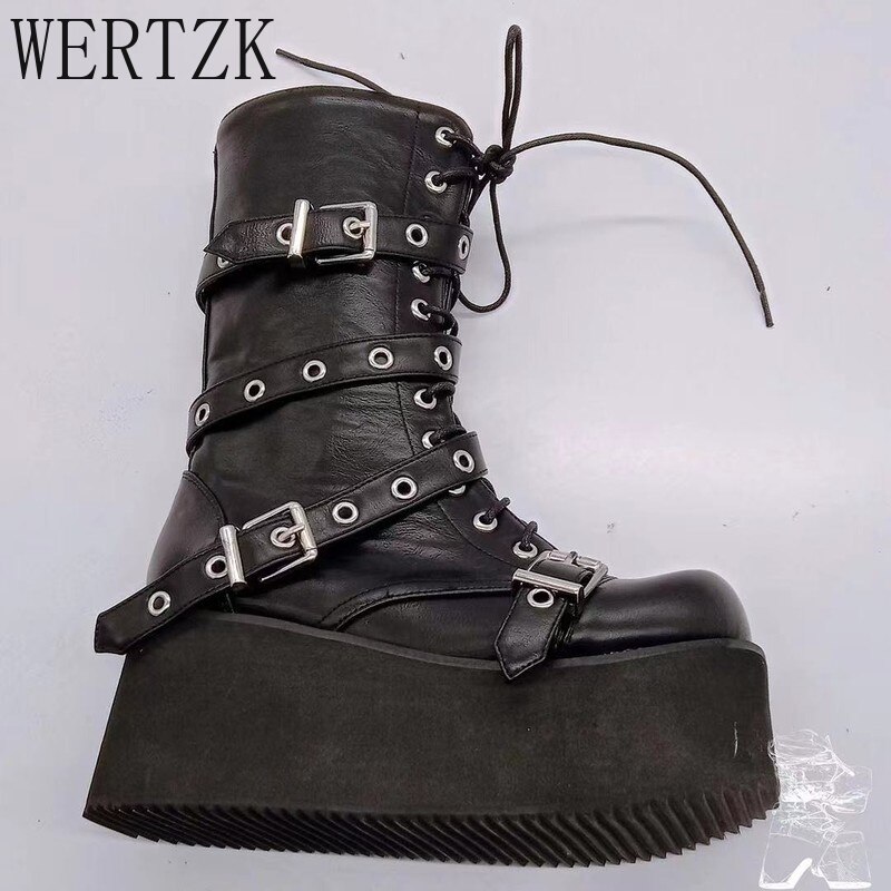 Botas de cuña con plataforma para mujer, zapatos femeninos de estilo gótico, Punk, con correa de hebilla, a la , con cordones, de de , para Otoño e Invierno