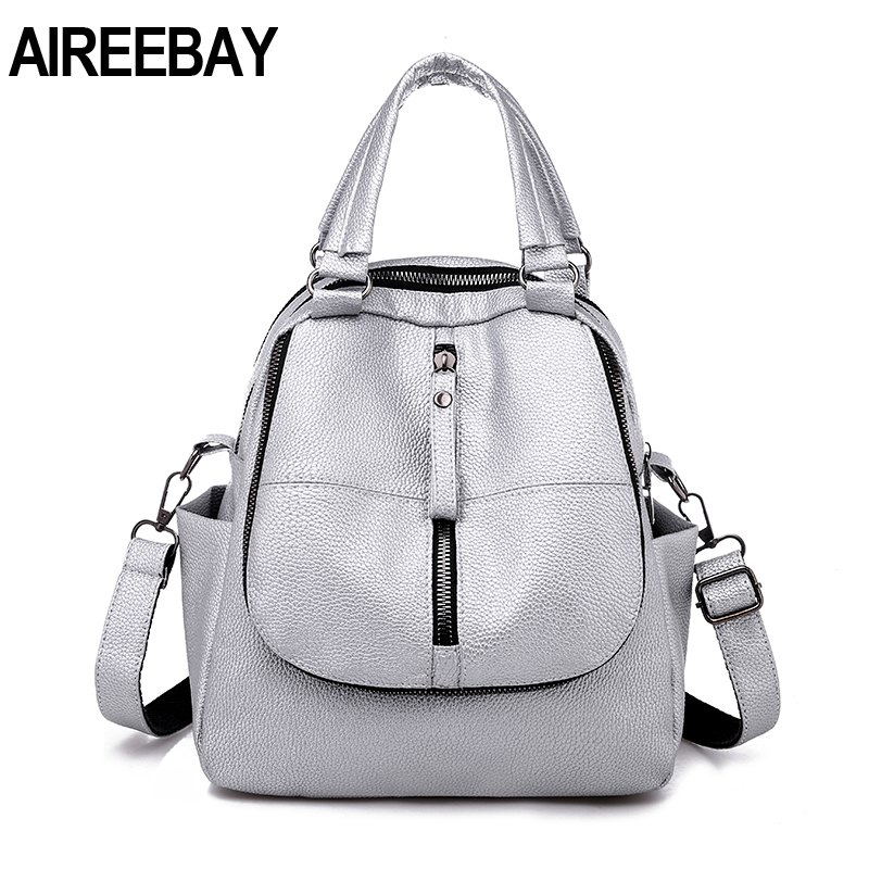 AIREEBAY Frauen Leder Rucksäcke Vintage Weibliche Schulter Tasche Reise Damen Bagpack Silber Schwarz Schule Taschen Für Teenager Mädchen