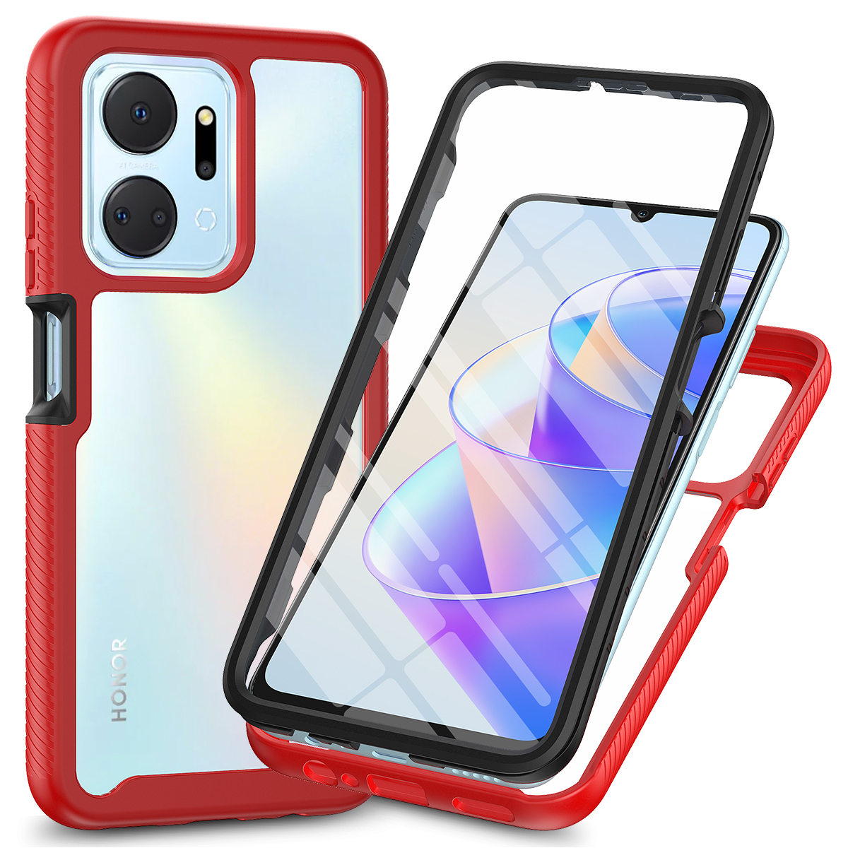 Funda de teléfono transparente a prueba de golpes, Protector de pantalla incorporado, parachoques de TPU, cubierta protectora resistente para HONOR X7A: Rojo