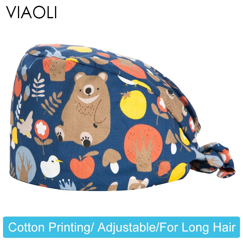 Cute cartoon print hat 100% cotton frosted hats beautician work dustproof frosted hats adjustable breathable unisex hats