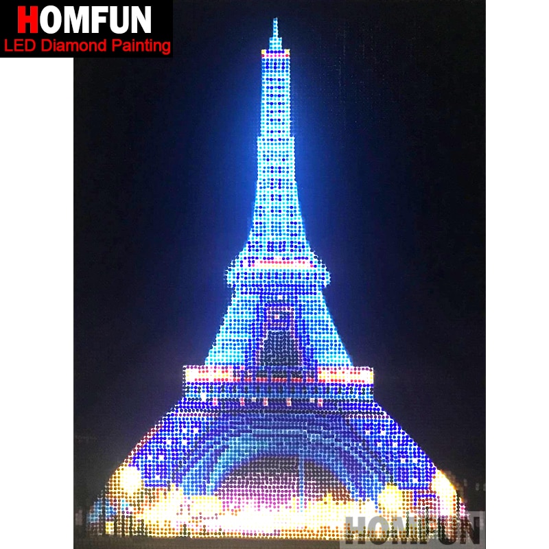 HOMFUN lumière LED plein rond perceuse 5D bricolage diamant peinture "tour Eiffel" 3D broderie point de croix 5D décor 30x40cm
