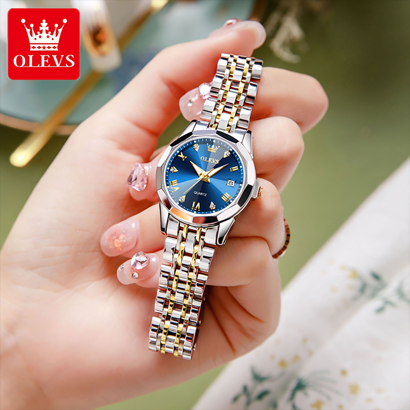 OLEVS-Reloj dorado de lujo para mujer, pulsera de acero inoxidable, , de cuarzo con rombos, resistente al agua
