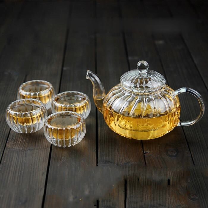 pumpkin shape flower teapot Glass Teapot with Infuser Tea Leaf Herbal Heat Resistant Glass Pot Flower TeaCup MJ1012: B