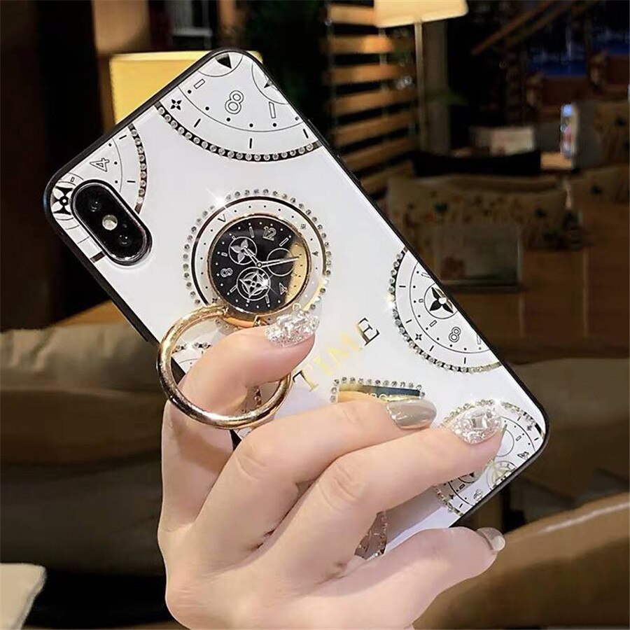 Glitter Luxus Strass Telefon Fall Für iphone 11 Pro XS Max XR X iphone 7 8 plus 6s 3D Ring halterung Zurück Abdeckung fundas: for iphone 6plus 6sp / White Time