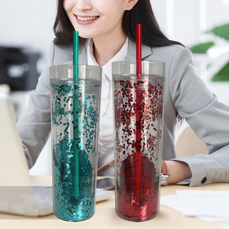 Double Layer Shiny Cup Transparent Plastic Cup 473ml/16oz Water Straw Cup Coffee Home Mug Cup Tumbler With Straw