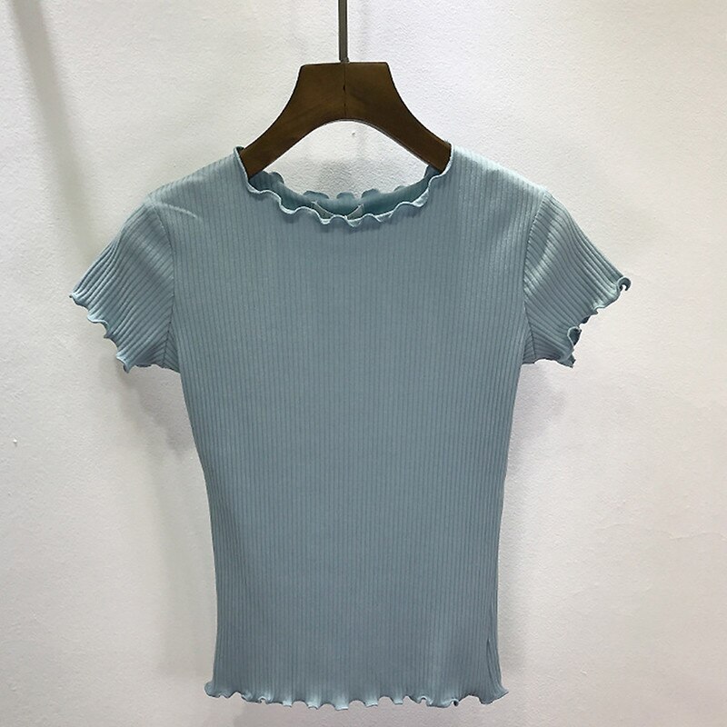 Camiseta deportiva informal para mujer, Top de Yoga transpirable con volantes, Top de manga corta suave de Color sólido, camiseta elástica de uso diario para mujer: Blue