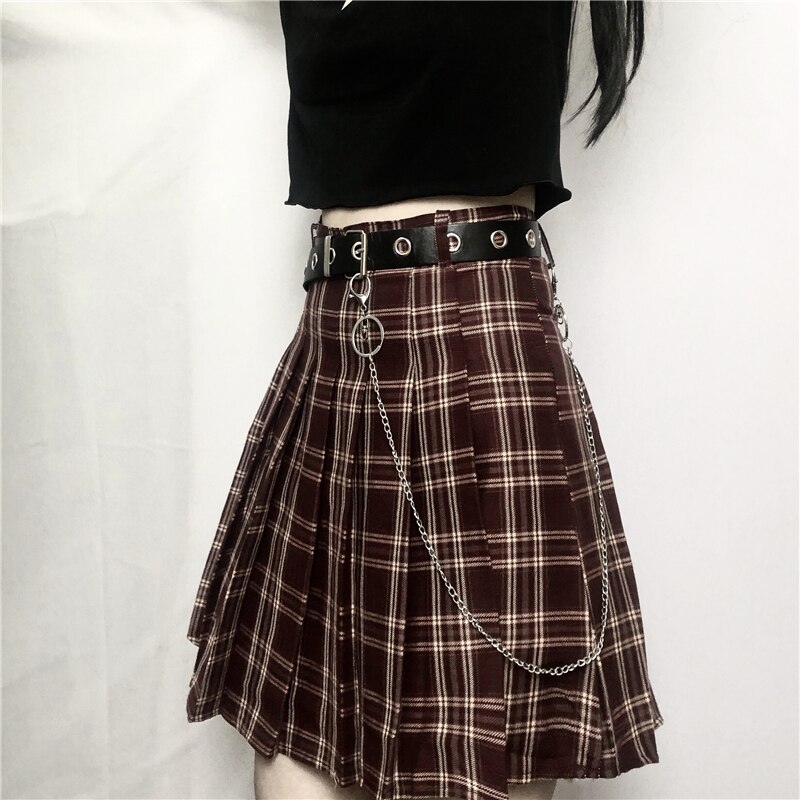 Dark Sweet Cool Girl-Falda plisada de cintura alta para mujer, falda escocesa con cadena, japonesa, coreana, verano,: Marrón / L