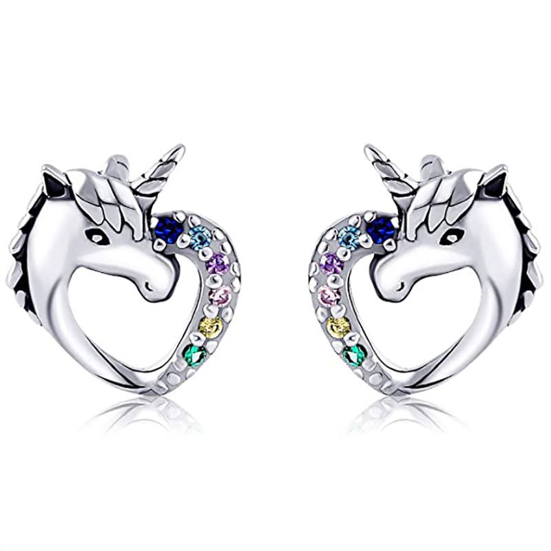 Einhorn Stud Ohrringe 925 Silber Multi-Farbe Strass Kleine Herz Katze Regenbogen Ohrring Für Frauen Hochzeit Modeschmuck: HE023