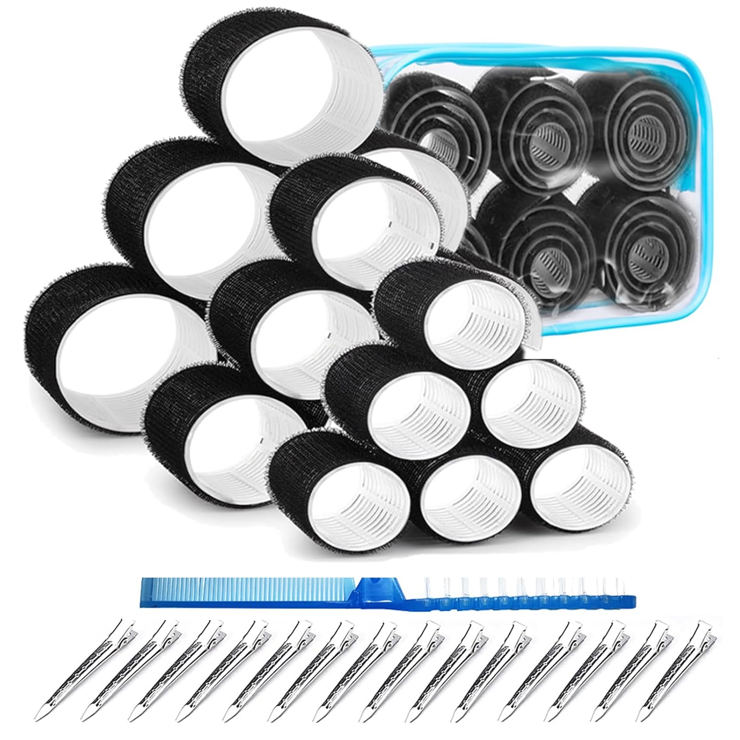 Rulos de velcro autosujeción para juego de cabello, 37 Uds., 3 tamaños (2,5/3,6/5,0 cm), rizadores de pelo sin calor con Clips, embalaje de viaje: Negro
