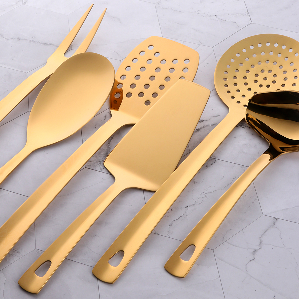 Gold Cooking Tools Set Stainless steel Soup Ladle Spatula Metal kitchenware Colander Rice Spoon Cake Shovel cookware