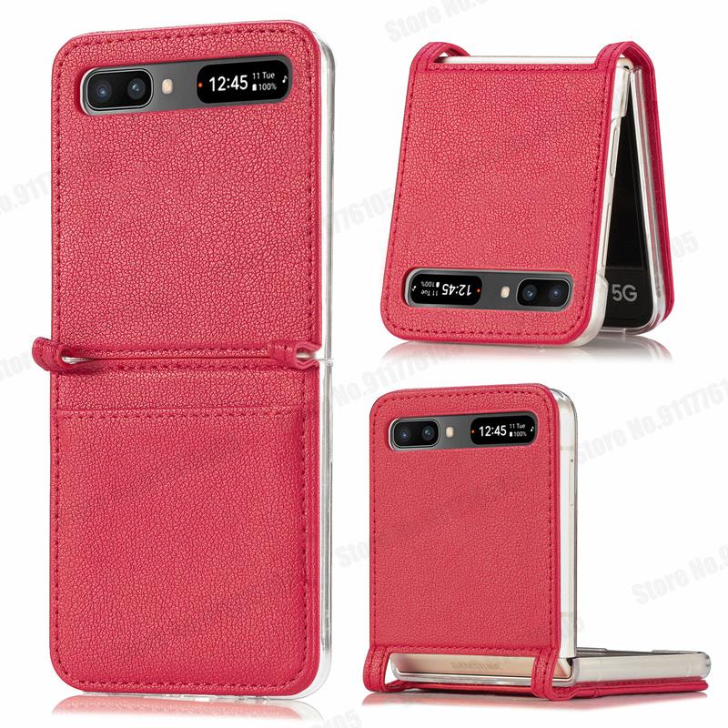 Slot para cartão de couro caso de telefone para samsung z flip 5g duro pc capa protetora para galaxy z flip 5g SM-F707B ultra fino caso do telefone: Red