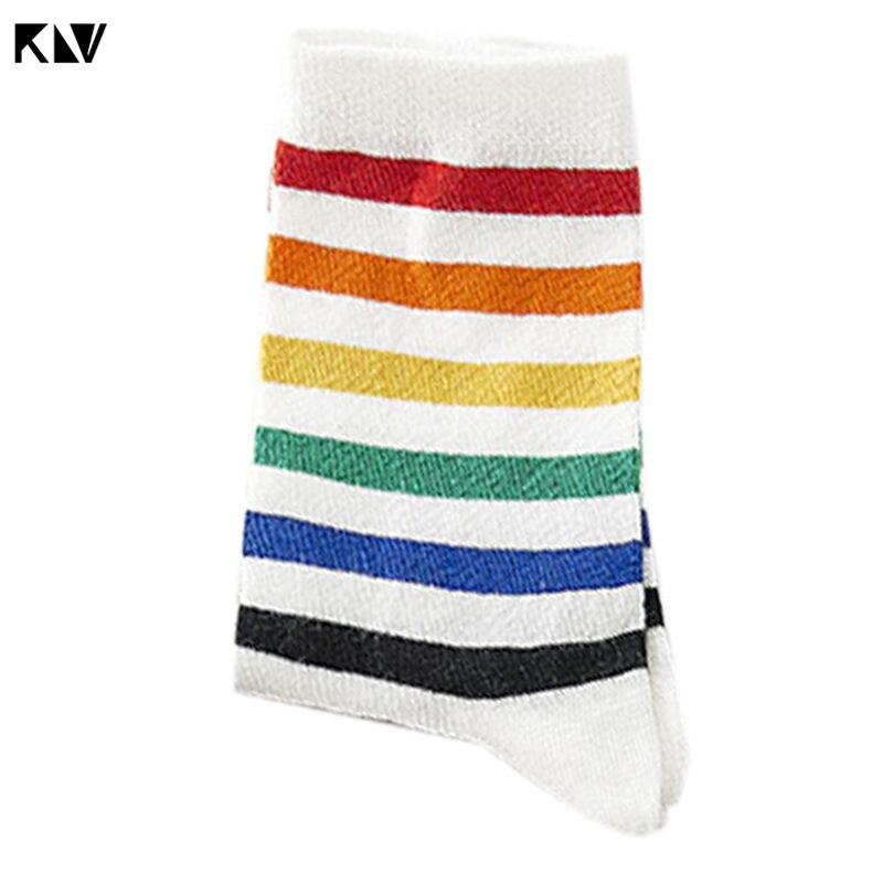 Women Teen Girls Harajuku Rainbow Striped Crew Socks Preppy Style Hip-Hop Skateboard Cotton Novelty Sports Short Tube Hosiery: White
