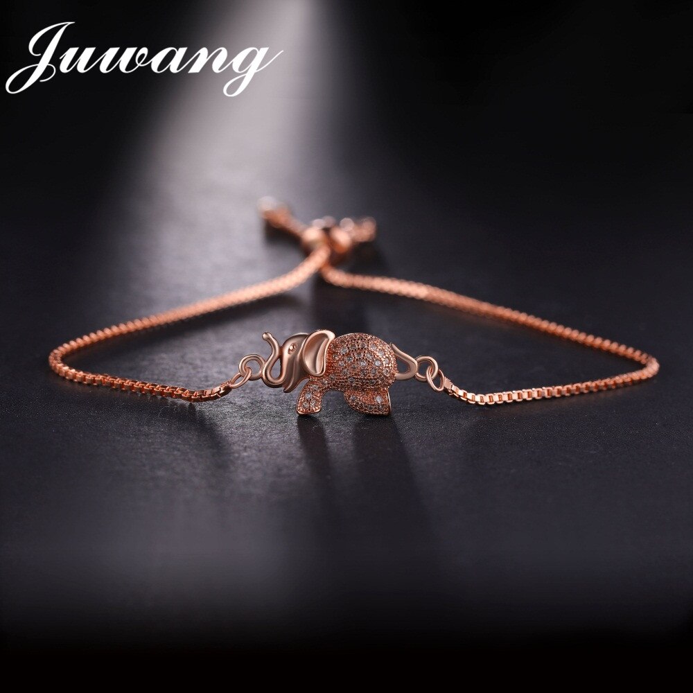 JUWANG Cute Animal Elephant Charm Bracelet Adjustable Chain Link Woman Girl Bracelets & Bangles Cubic Zircon Jewelry: rose gold