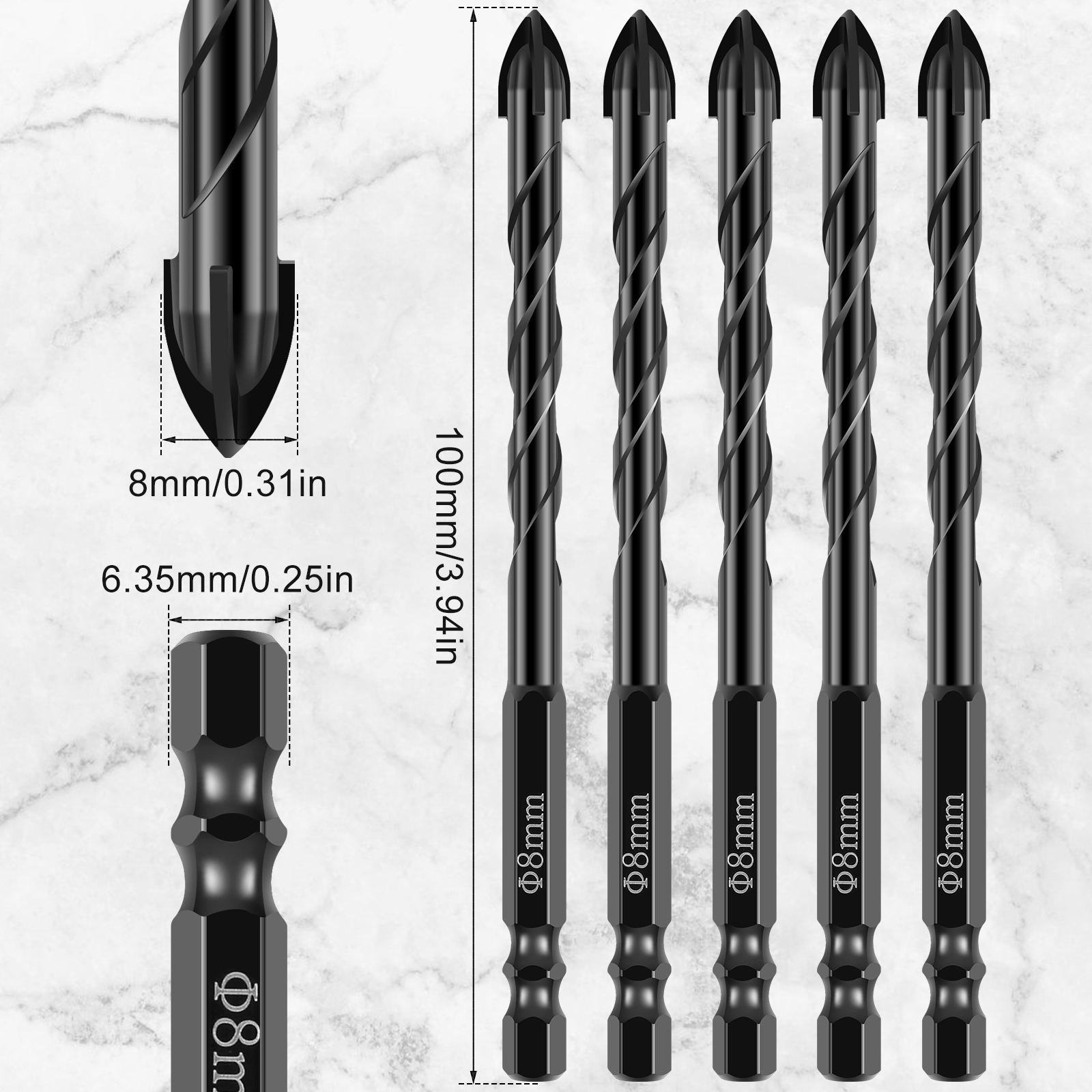 Juego de brocas para hormigón, juego de brocas para mampostería de 5/6/8mm, juego de brocas de carburo de tungsteno para perforación de azulejos/cerámica/vidrio/ladrillos, 10 Uds.: Oro