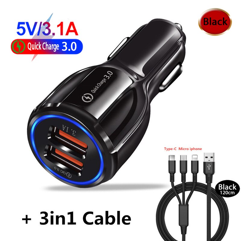 Hyvä 2 porttinen usb autolaturi 5v 3.1a pikalataus 3.0 puhelimen usb autolaturi adapteri samsung xiaomi iphone autopuhelimen lataukseen: Musta ja 3 in 1 -kaapeli