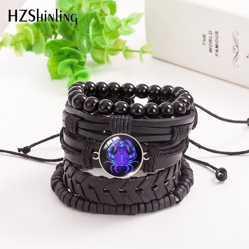 12 Zodiac Signs Leather Bracelet 5pcs/set Leo Cancer Aries Men's Bracelets Glass Dome Jewelry Handmade: 6