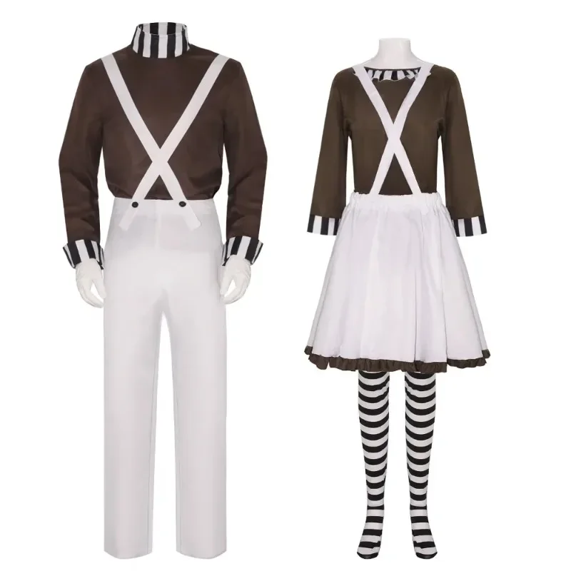 Masculino feminino oompa loompa traje com peruca festa de halloween terno chocolate fábrica trabalhador cosplay roupas para masculino feminino