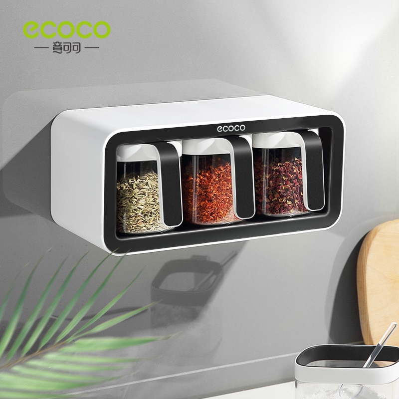 Wall Mount Spice Rack Organizer Sugar Bowl Salt Shaker Seasoning Container Spice Boxes With Spoons Kitchen Supplies Storage Set