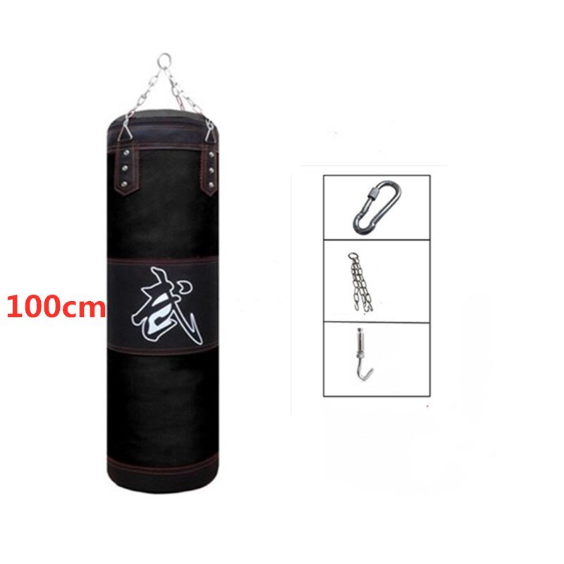 Saco de pancada profissional para treinamento, vazio, suspenso, resistente, com corrente de metal, gancho, fivela, para combate a karatê: 100cmblack