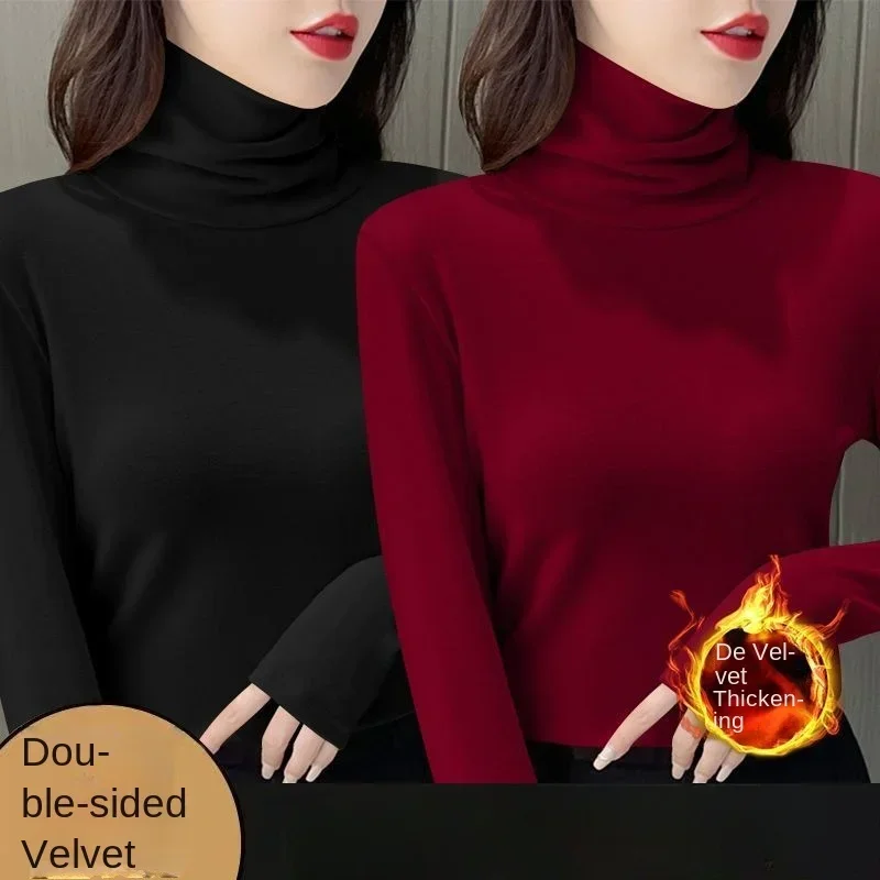 Roupa interior térmica feminina inverno engrossar gola alta camisa inferior de veludo quente topos semi gola alta pulôveres de manga longa