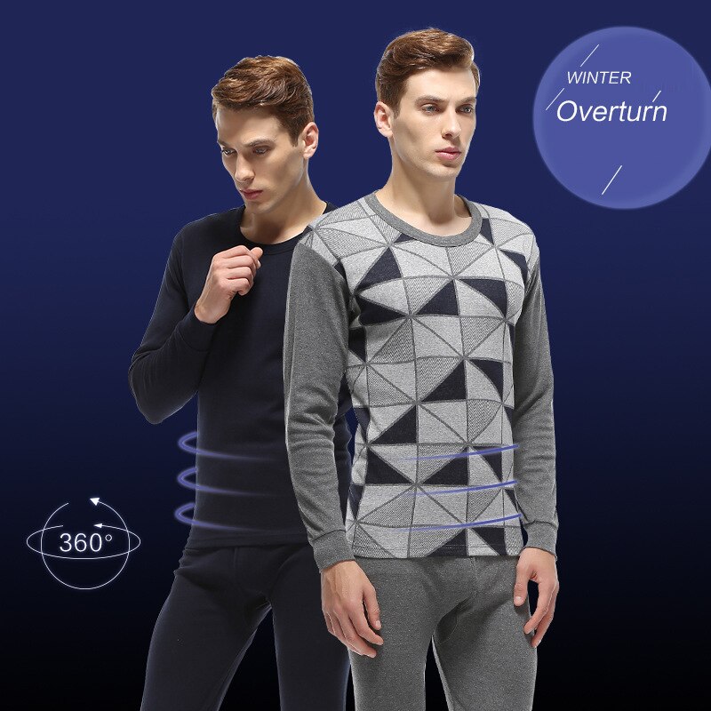 Men Plus Size Cotton Winter and Autumn Thermal Underwear Round Collar Undercoat Jacquard Long Johns Suit