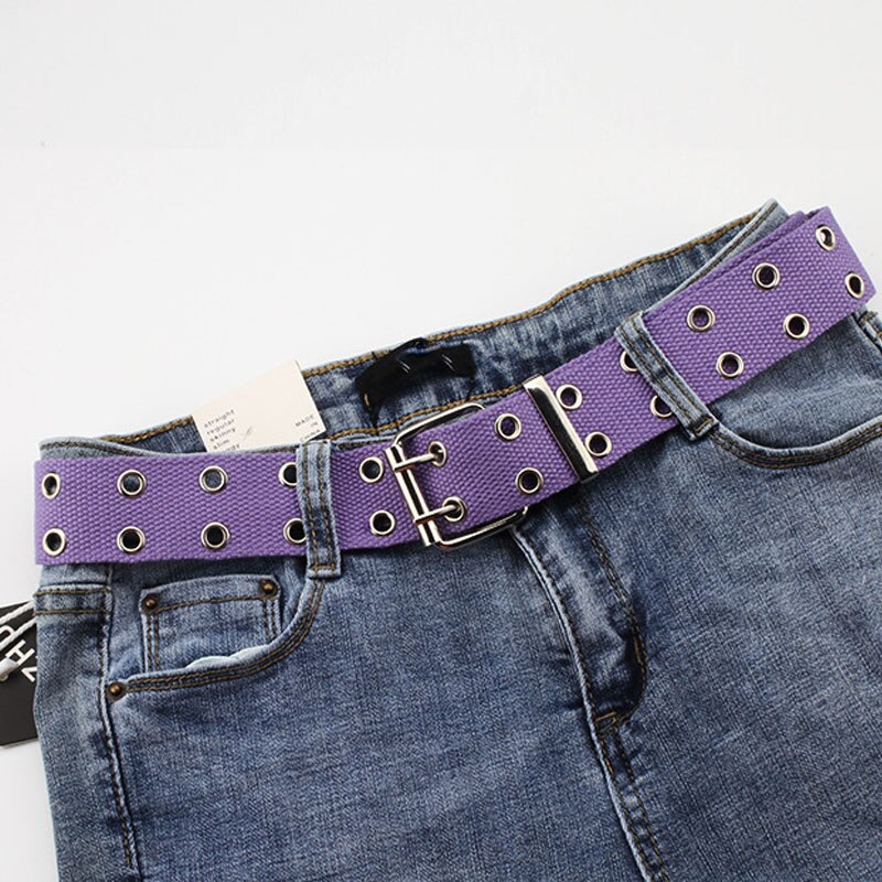 Wide Canvas Belts Casual Double Hollow Hole Buckle Belt Adjustable Solid Color Waist Strap For Women Men Students Jeans: Purple