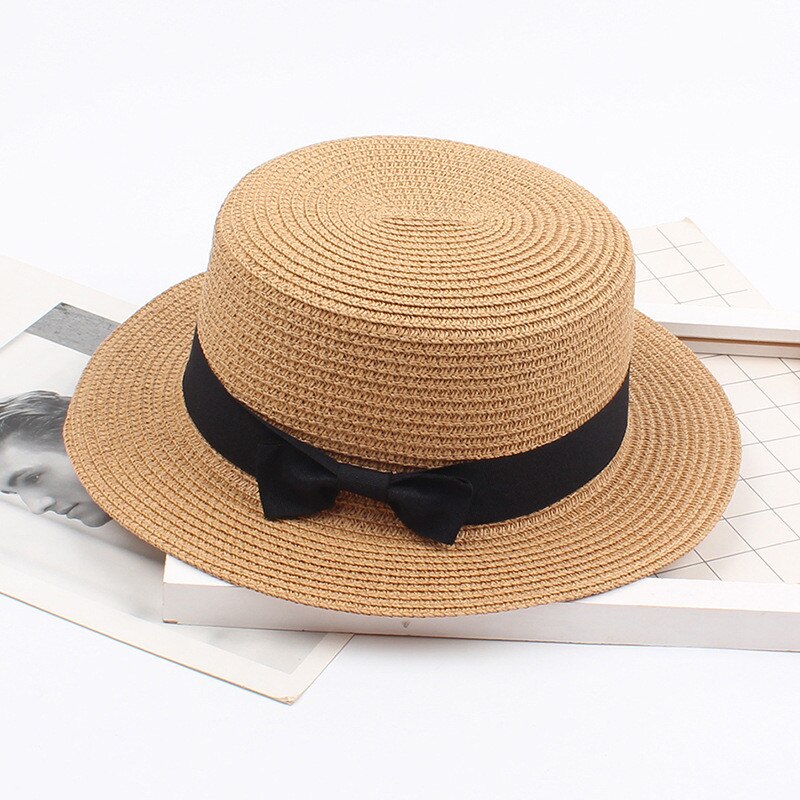 Bow Tie Straw Sun Hat Women Trilby Gangster Band Beach Cap Sun Hat Sun Protection Round Flat Top Beach Sun Hat Caps: Khaki