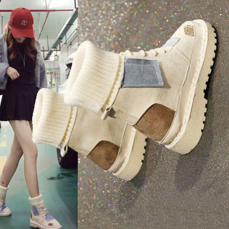 Efterår og vinter eksplosioner ruskind lærred farvematchende vilde high-top uld mundstøvler dame sko 3 farver dame støvler