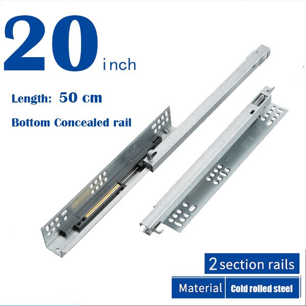 Rails coulissants de Support cachés pour meubles et tiroirs, Long en deux parties, à fermeture souple: 20inch