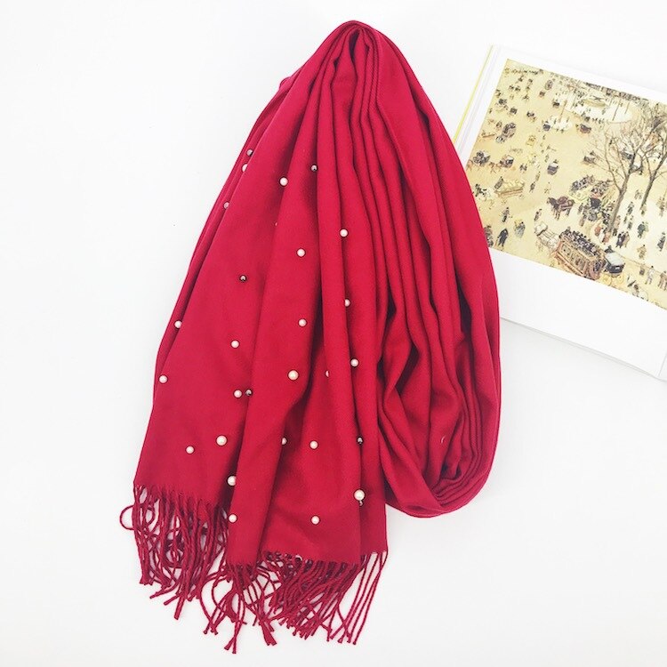 Écharpe de de luxe épais hiver femmes écharpe chaude cachemire étoile perle solide gland châle couverture pour emmailloter Hijab dame écharpe Pashmina: Bourgogne