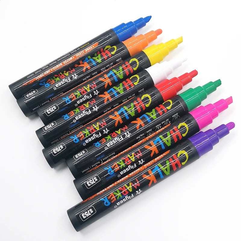 Flysea-rotuladores de tiza líquida, juego de 8 marcadores de 3-6mm, rotuladores de arte, pintura, punta de cincel redonda Reversible, tarjeta de bricolaje no tóxica a base de agua