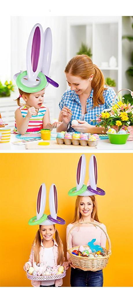 Kuulee Easter Inflatable Bunny Rabbit Ears Hat with Rings for Game Prop