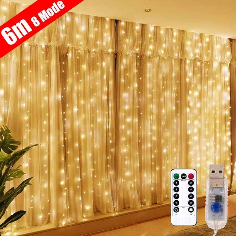 Guirnalda de cortina LED de 3M para ventana, guirnalda de luces con USB, festón de hadas con Control remoto, decoraciones de boda y Navidad para la habitación del hogar