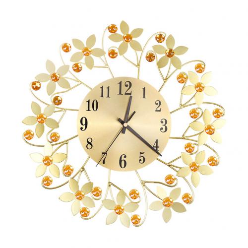 Round Rhinestone Flower Wall Clock Living Room Home Restaurant Hanging Decor: Golden