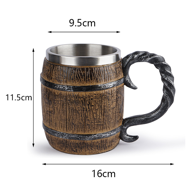 Simulatie Hout Vat Bier Cup Hout Stijl Bier Stein Eiken Hout Rvs Cup Double Wall Mok Metalen Beer mok 1Pc