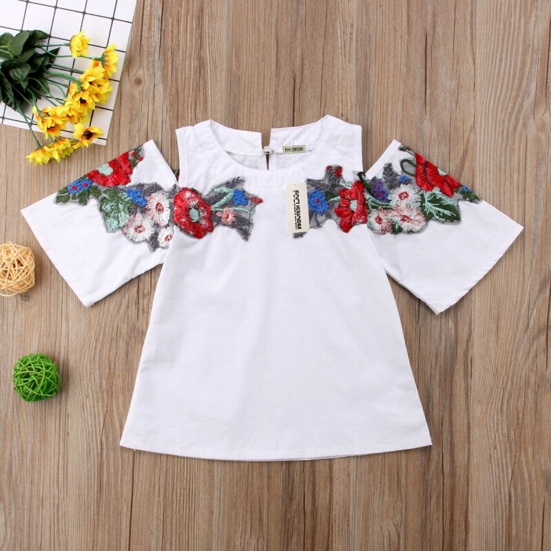 Toddler Infant Baby Girls Lace Backless Shirt Clothes Baby Girl Flower O-Neck Shirt White