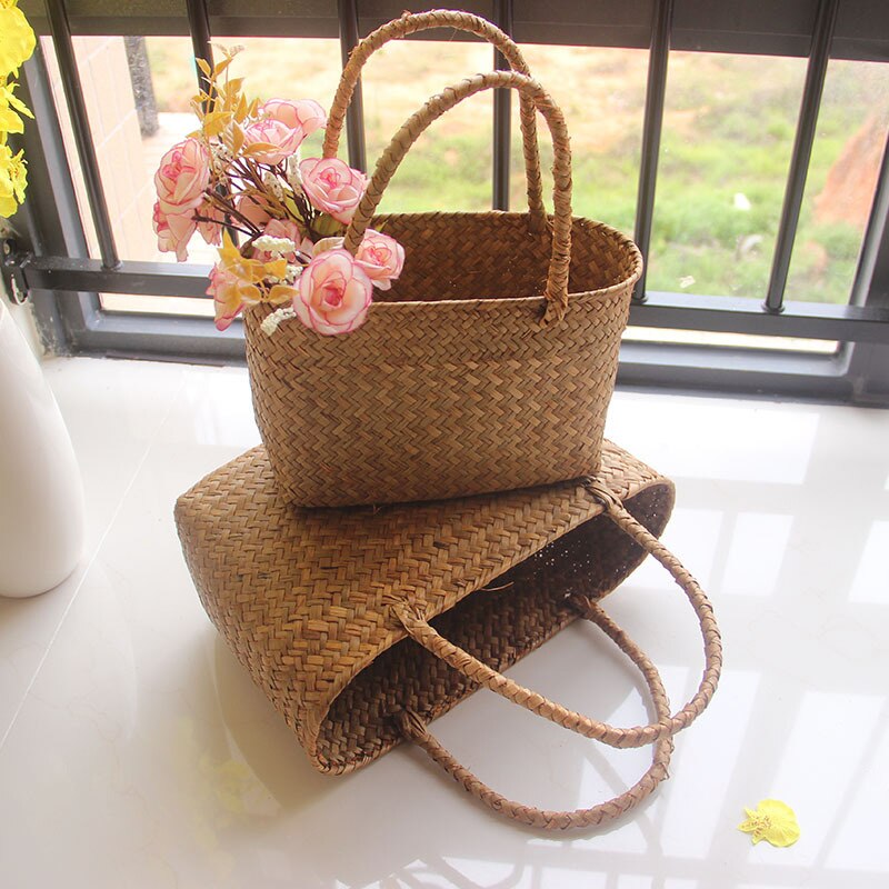 Seaweeds tecido flor cesta jardim suculento saco de armazenamento artesanato artístico cesta de compras picnic cesta de bambu