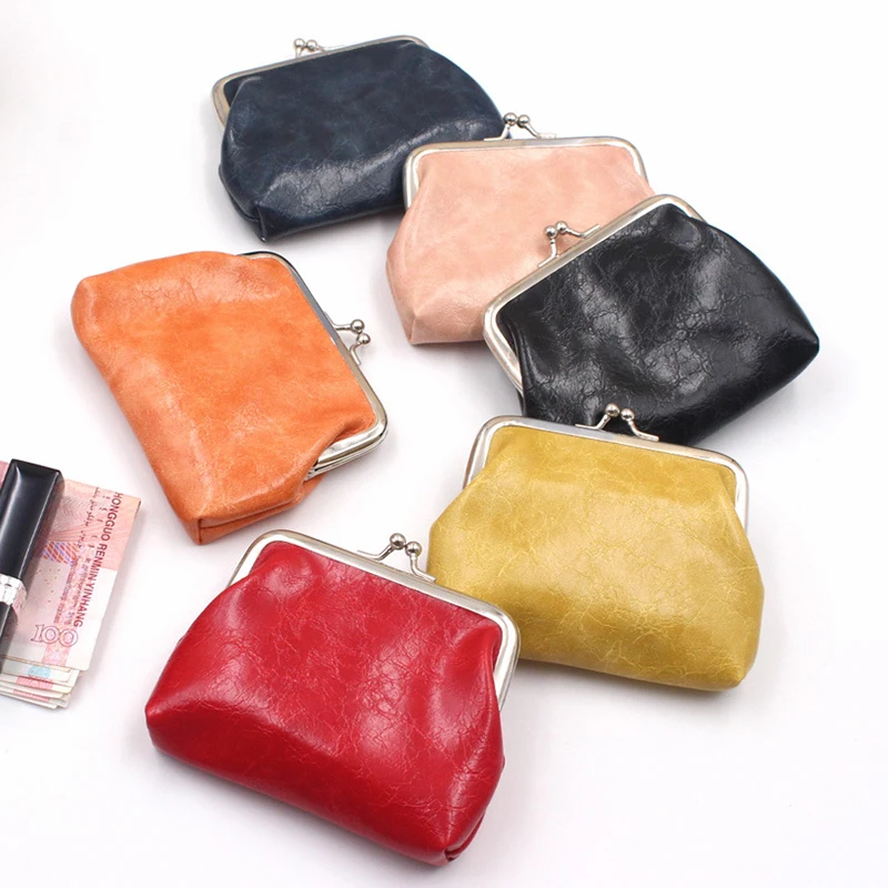 Lady Leather Mini Wallet Vintage PU Oil Wax Leather 4-inch Buckle Coin Purse Women's Short Handheld Coin Bag