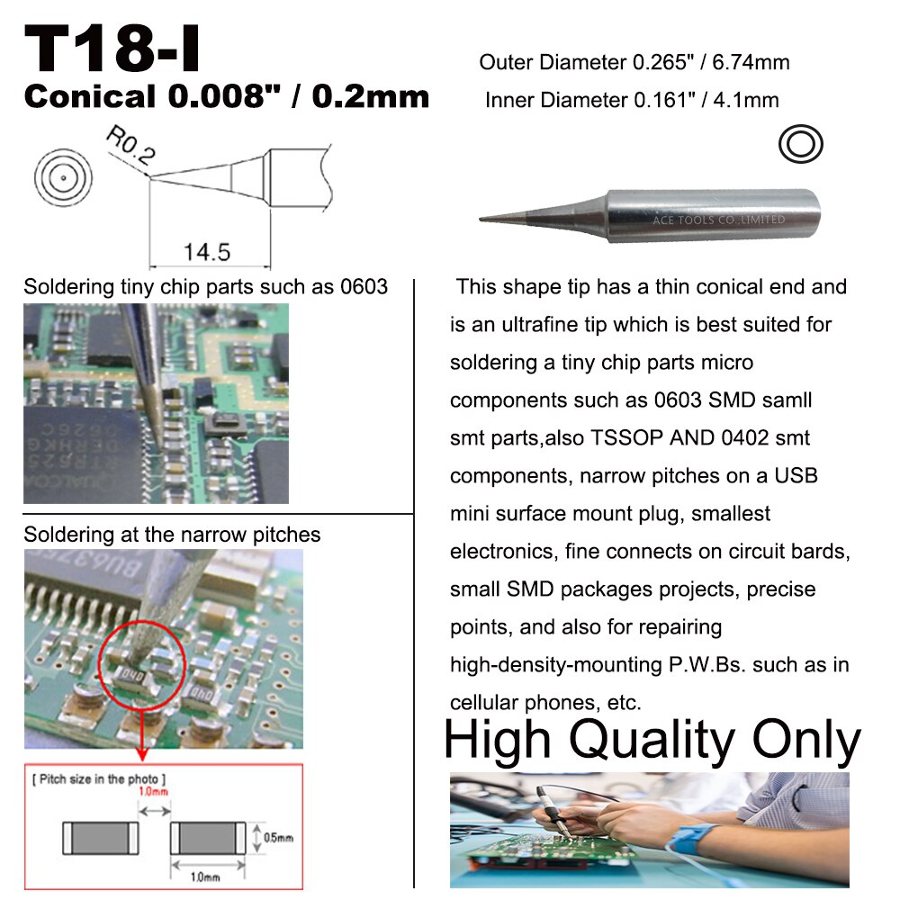 T18-I Soldering Tip Conical 0.2mm 0.008" Fit HAKKO FX-888 FX-888D FX-8801 FX-600 Lead Free Iron Bit Nozzle Pencil Welding
