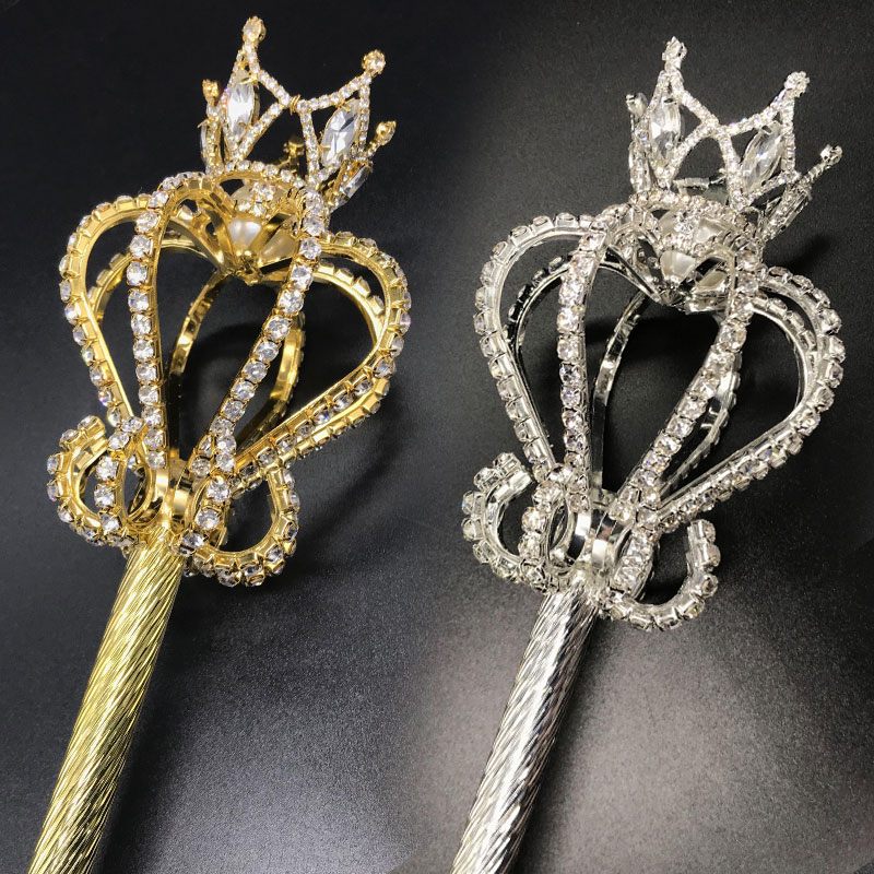 Bling krystal scepter tryllestav guld / sølv farve tiaras og kroner scepter konge dronning bryllupsfest fest kostumer håndholdte rekvisitter