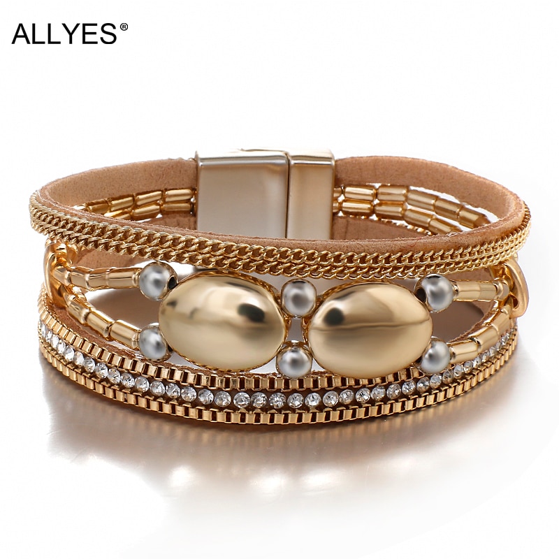 Allyes Leuke Kralen Metal Lederen Armbanden Voor Vrouwen Mode Goud Kleur Punk Wrap Armband Vrouwelijke Sieraden