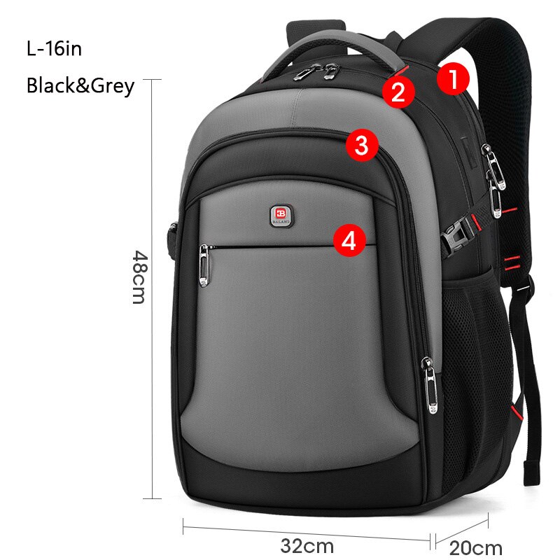Mochila de negocios de 16 pulgadas para hombre, bolsa para ordenador portátil multifuncional, sencilla e informal, resistente al agua, mochila para estudiante de 4 capas: L-16in Black-Grey