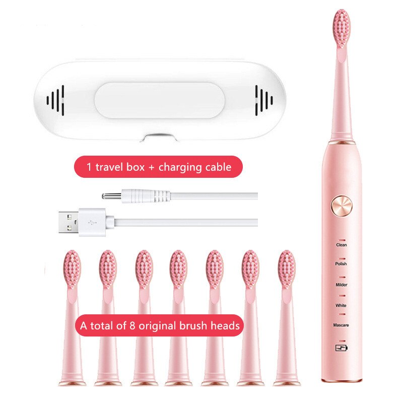 VIP Powerful Ultrasonic Sonic Electric Toothbrush USB Rechargeable Tooth Brush Adult Electronic Washable Whitening Teeth Brush: YS003-Pink 8 heads