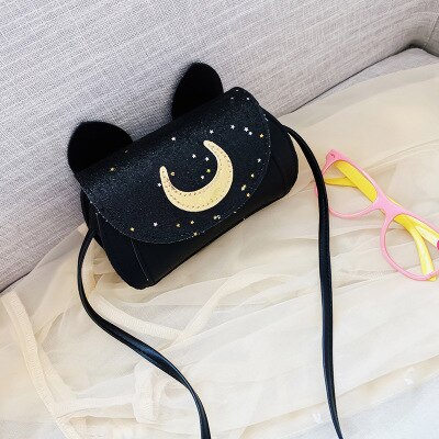 Dejlig lille piges håndtaske månemønster pailletter crossbody taske med søde katte ører børn taske bolsa: Sort