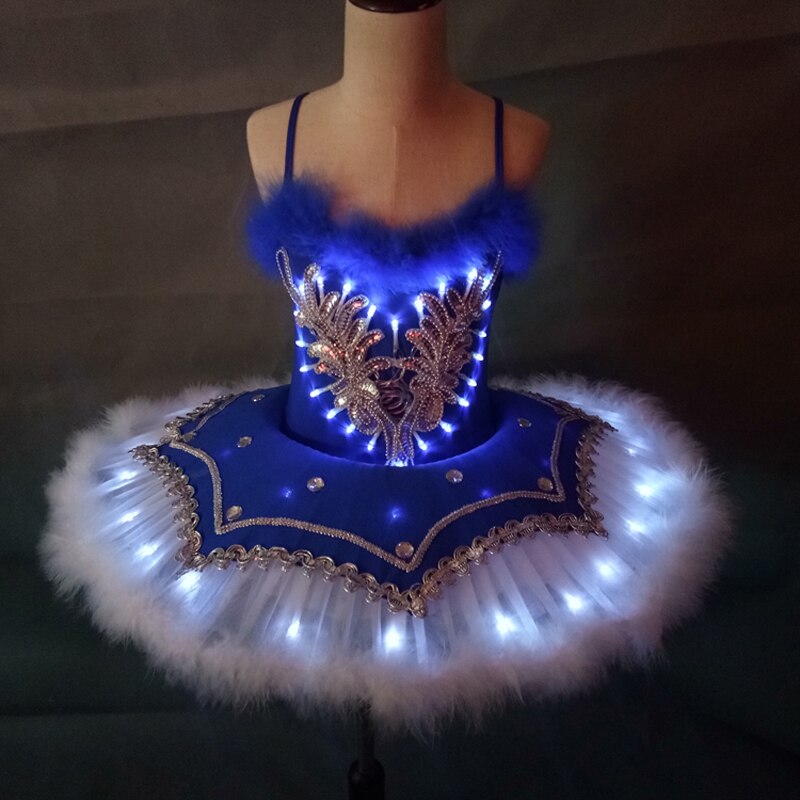 Ruoru freundlicher Teller Ballettröckchen LED Ballett Kostümich Feder Schwan sehen Mädchen Tanzen Prinzessin Kleid freundlicher Ballerina Party Kostüm: Blau / 130cm Höhe