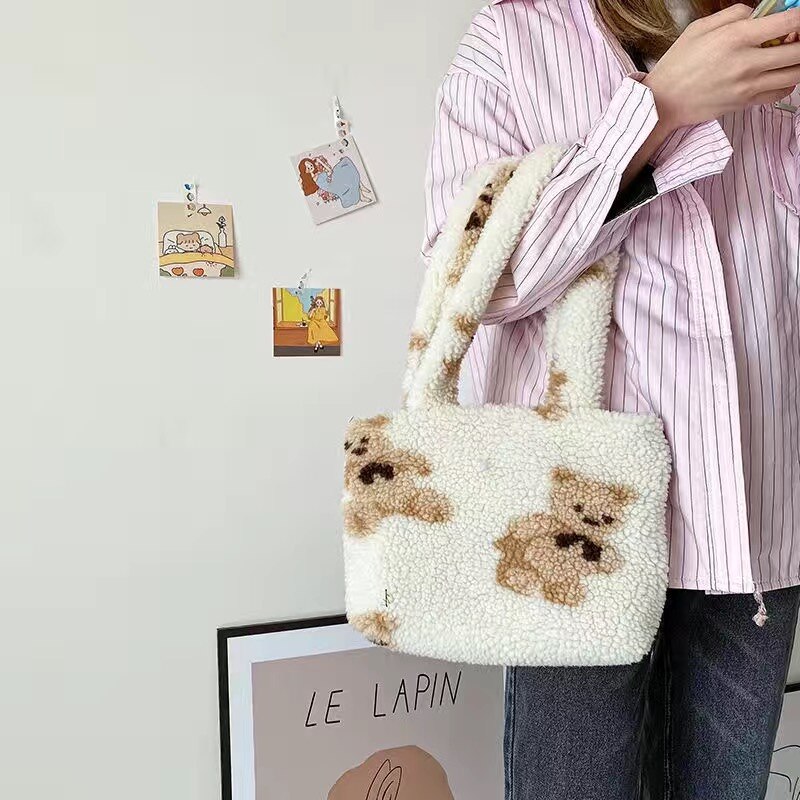 Winter Mode Vrouwen Furry Purse Handtassen Leuke Zachte Pluche Dames Grote Schoudertassen Luxe Faux Fur Vrouwelijke Meisjes Casual Tote: bear