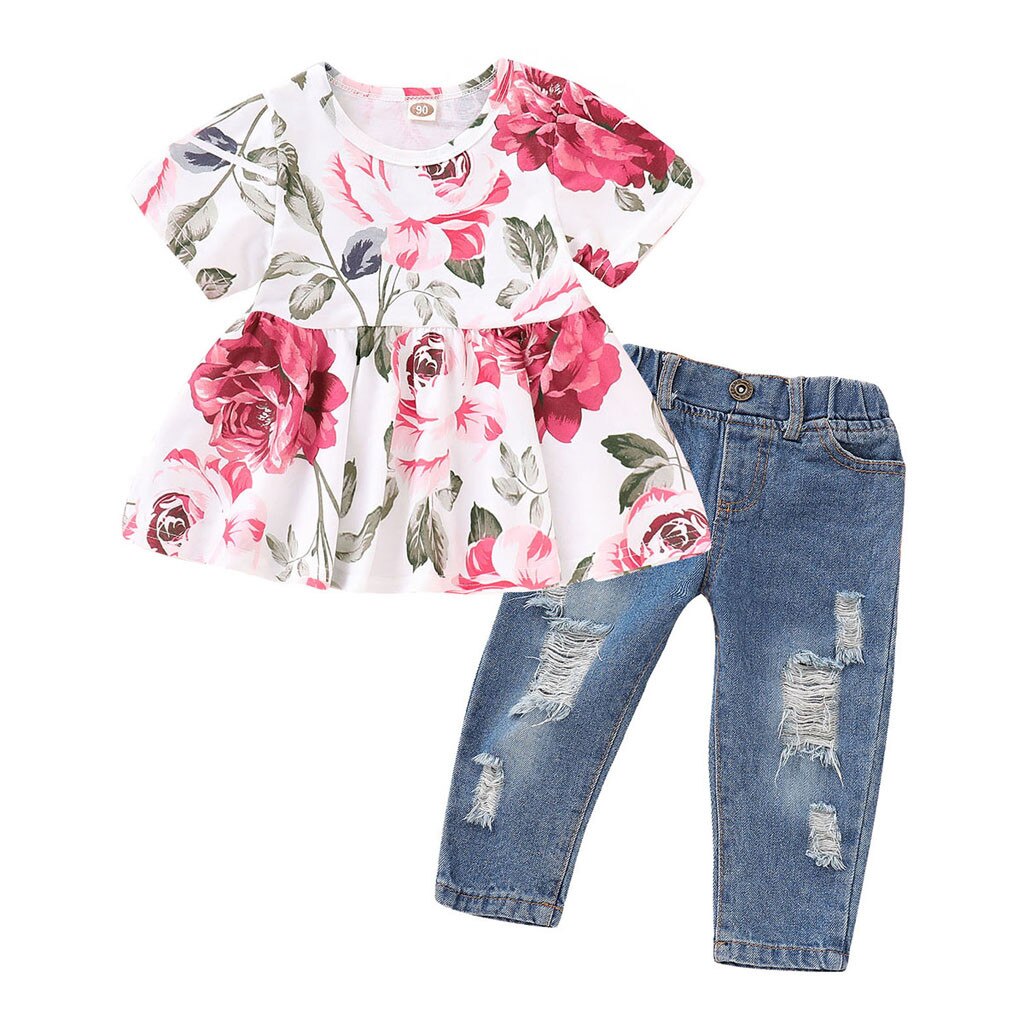 TELOTUNY abbigliamento Per Bambini Del Bambino di Modo Delle Ragazze Manica Corta Floreale Crop Magliette E Camicette + Del Foro Del Denim Dei Pantaloni Del Bambino Capretti Copre Gli Insiemi jun20