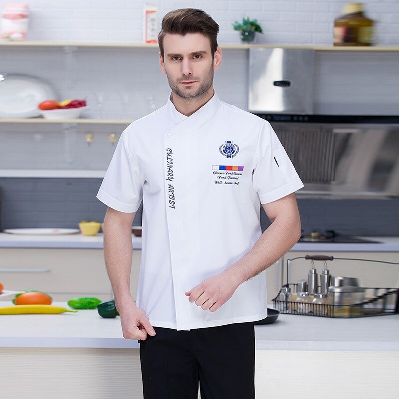 Kitchen Restaurant Bakery Cook Work Wear Summer White Breathable Chef Uniform Casual Stand Collar Uniform Overalls Outfit