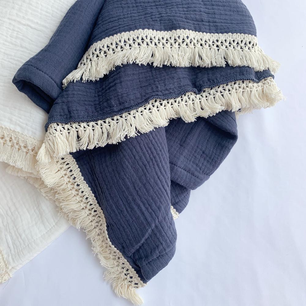 4 lags bomullsmuslin babyteppe med dusk sommerlaken sengeteppe bomull badehåndkle babymottaksteppe: Marineblå