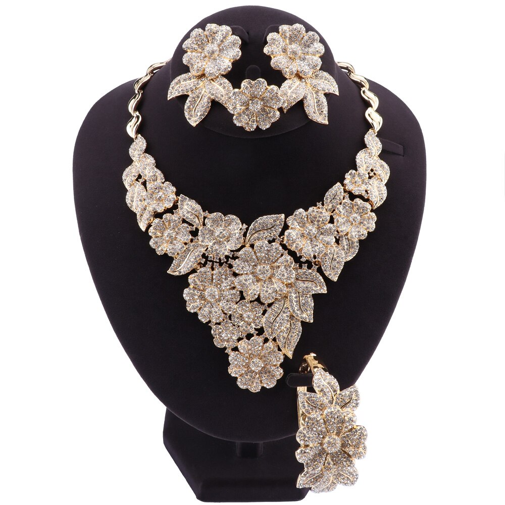 Nigérian mariage mariée africaine couleur or fleur en forme de bijoux ensemble Dubai cristal collier Bracelet boucles d'oreilles ensemble de bagues pour les femmes: gold